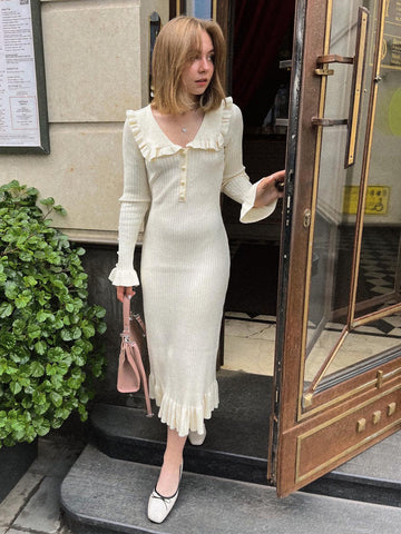 Woochic robe à manches longues volantée tricoté cintrée Blanchâtre S